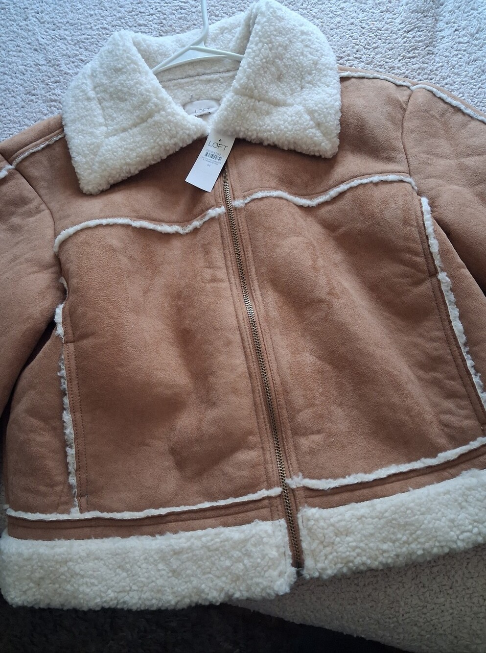 LOFT Tan Faux-Suede Sherpa-Trimmed Winter Jacket Size M - Picture 2 of 4